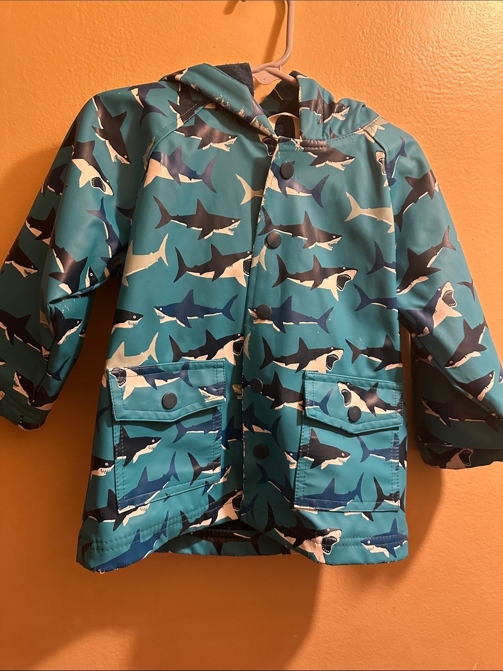 Hatley Teal Shark Pattern Kids Rain Jacket PLAY CONDITION